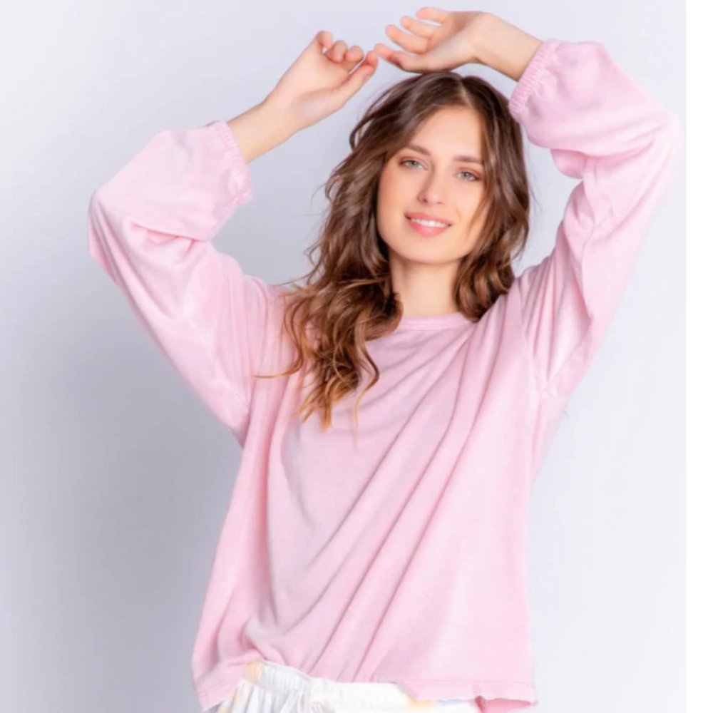 PJ Salvage Sunset Hues Crochet Lace Trim French Terry Top in Pink Quartz, S NWT
